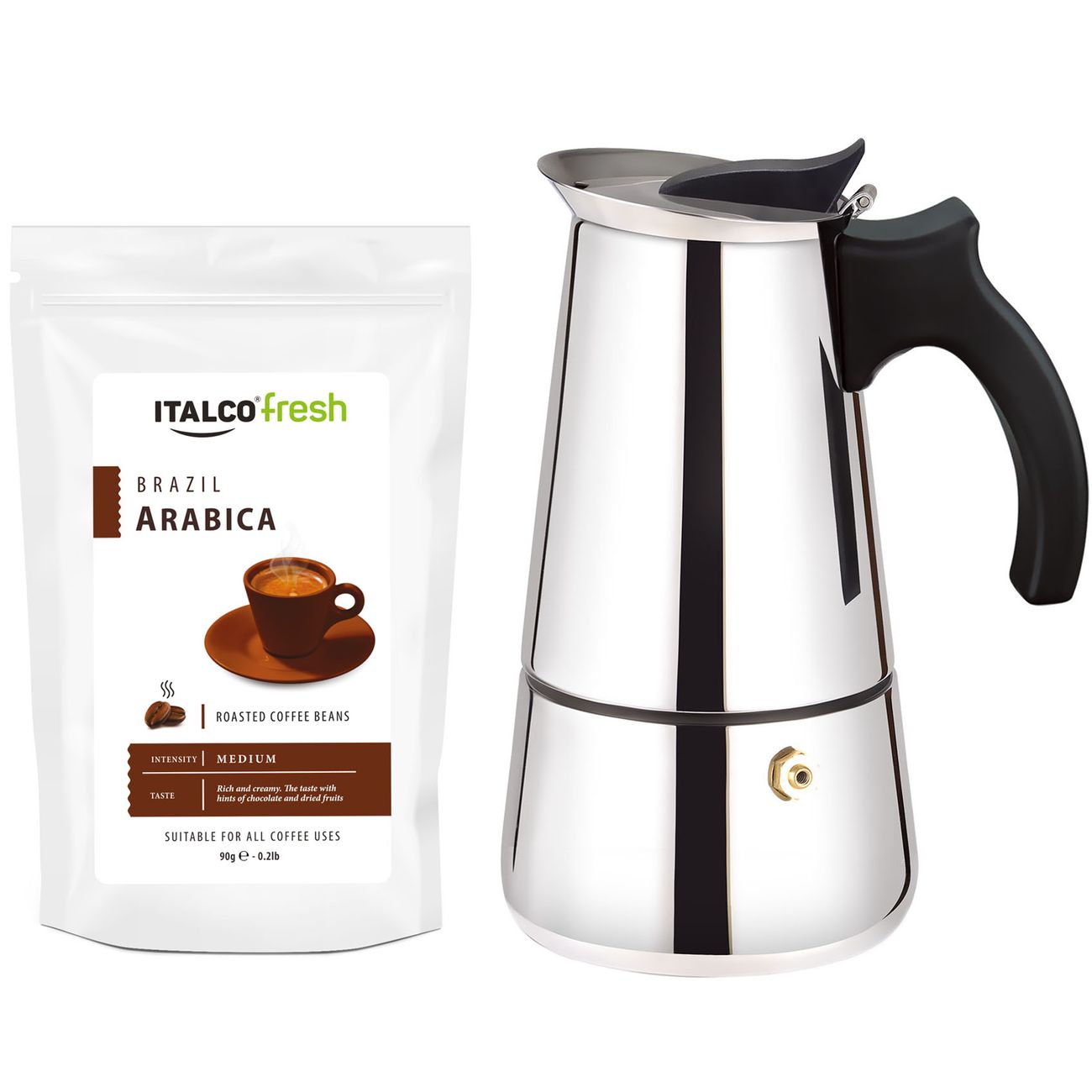 Изображение товара Гейзерная кофеварка Italco Torino 6 порц., кофе Iitalco Arabica Brazil 90г