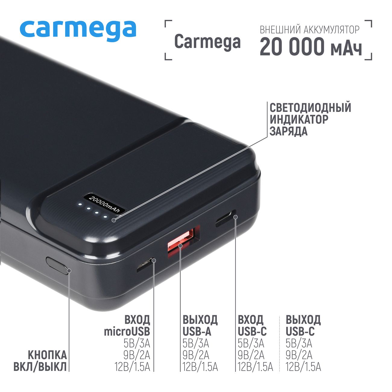 Купить Внешний аккумулятор Carmega 20000mAh Charge PD20 black  (CAR-PB-204-BK) в каталоге интернет магазина М.Видео по выгодной цене с  доставкой, отзывы, фотографии - Москва