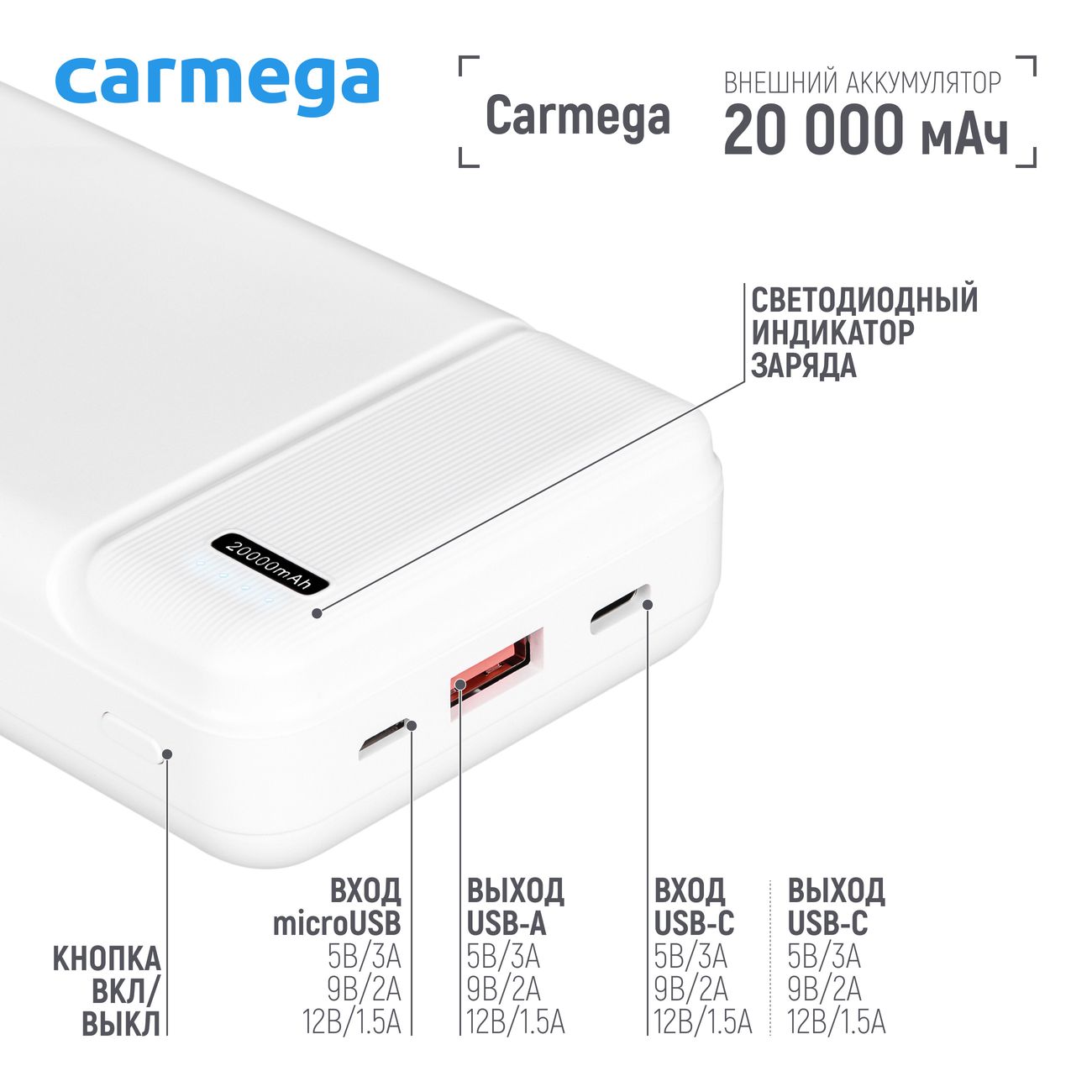 Купить Внешний аккумулятор Carmega 20000mAh Charge PD20 white  (CAR-PB-204-WH) в каталоге интернет магазина М.Видео по выгодной цене с  доставкой, отзывы, фотографии - Москва