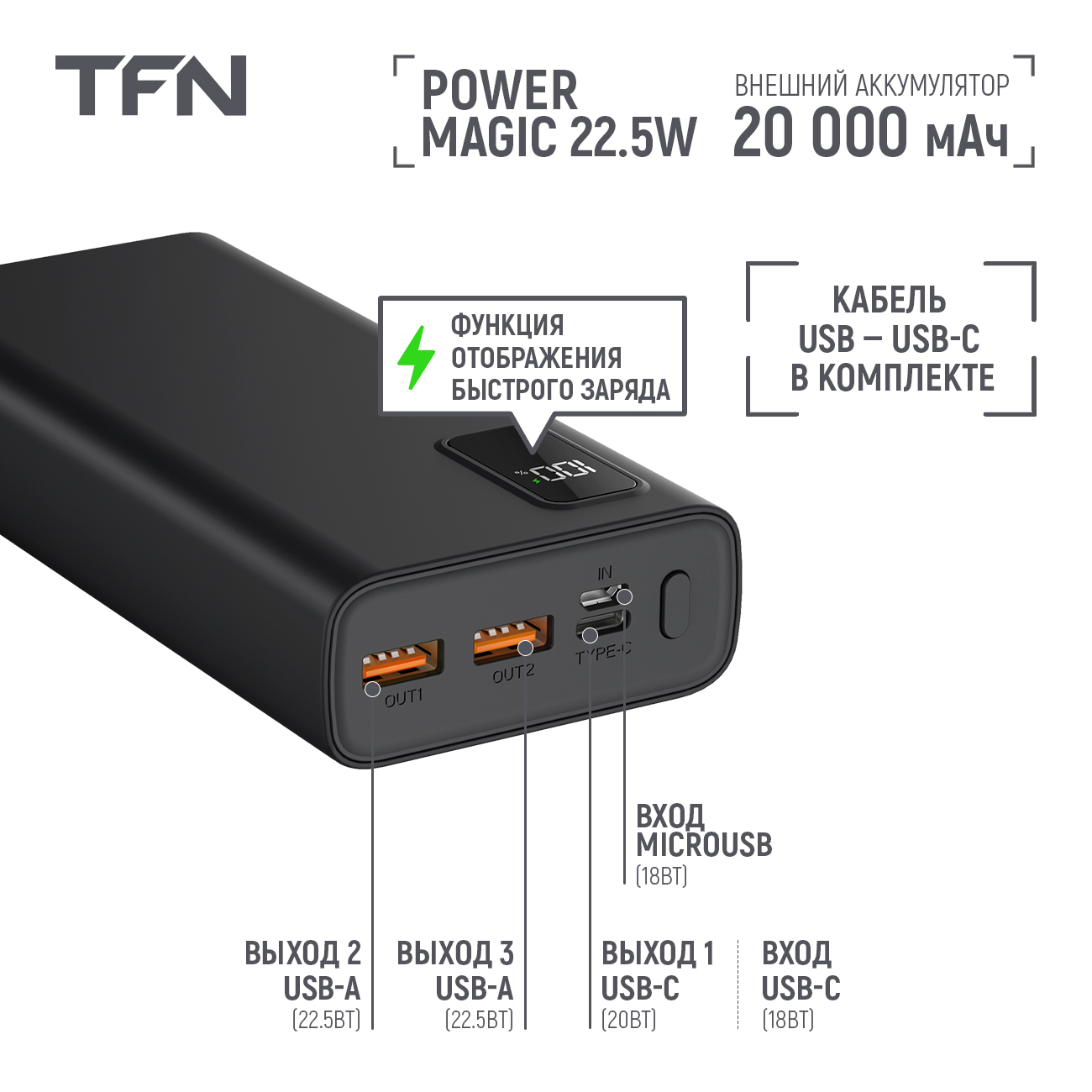 Купить Внешний аккумулятор TFN Power Magic 20 000 mAh Black (TFN-PB-292-BK)  в каталоге интернет магазина М.Видео по выгодной цене с доставкой, отзывы,  фотографии - Москва