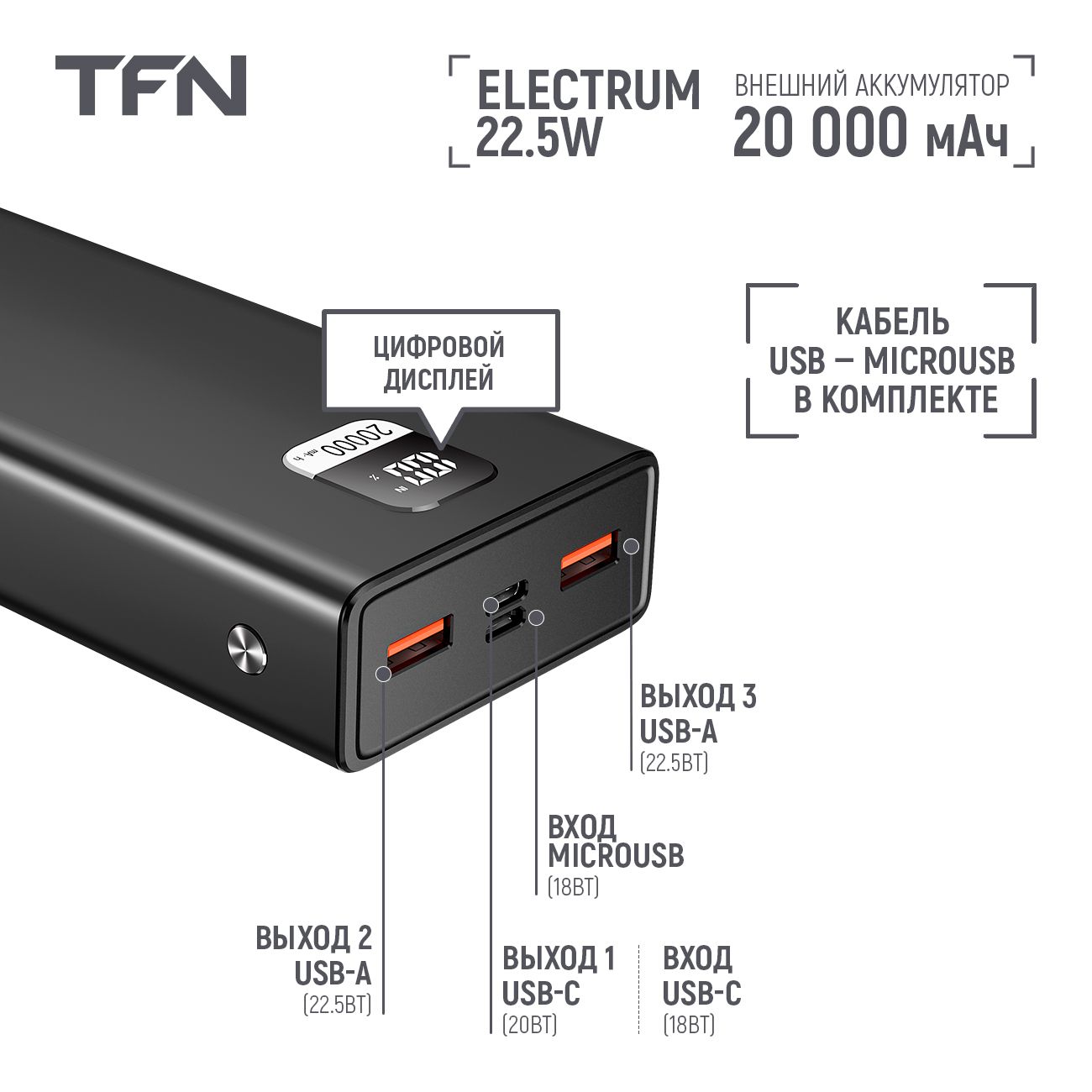 Купить Внешний аккумулятор TFN Electrum 20 000 mAh Black (TFN-PB-295-BK) в  каталоге интернет магазина М.Видео по выгодной цене с доставкой, отзывы,  фотографии - Москва