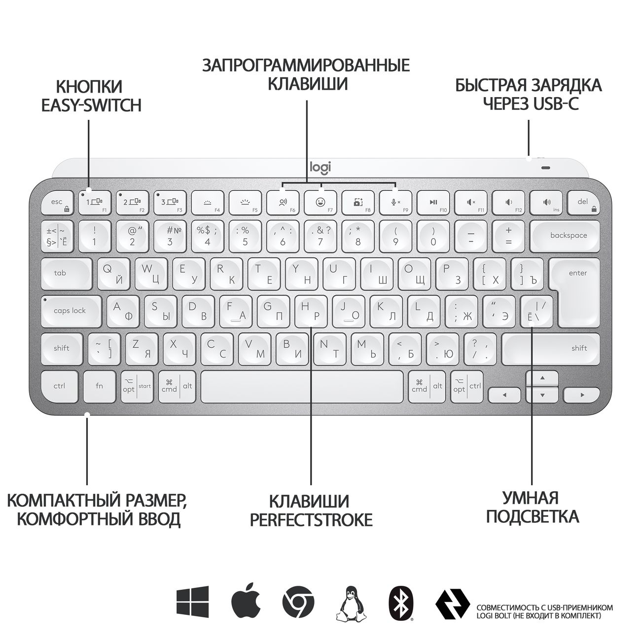 Клавиатура беспроводная Logitech MX Keys Mini Pale Grey (русская раскладка)