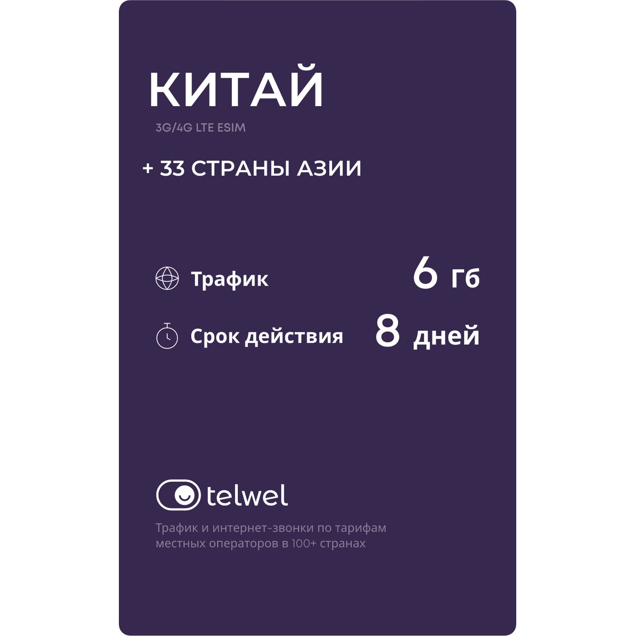 eSIM Telwel пакет Китай 6Гб 8 дней