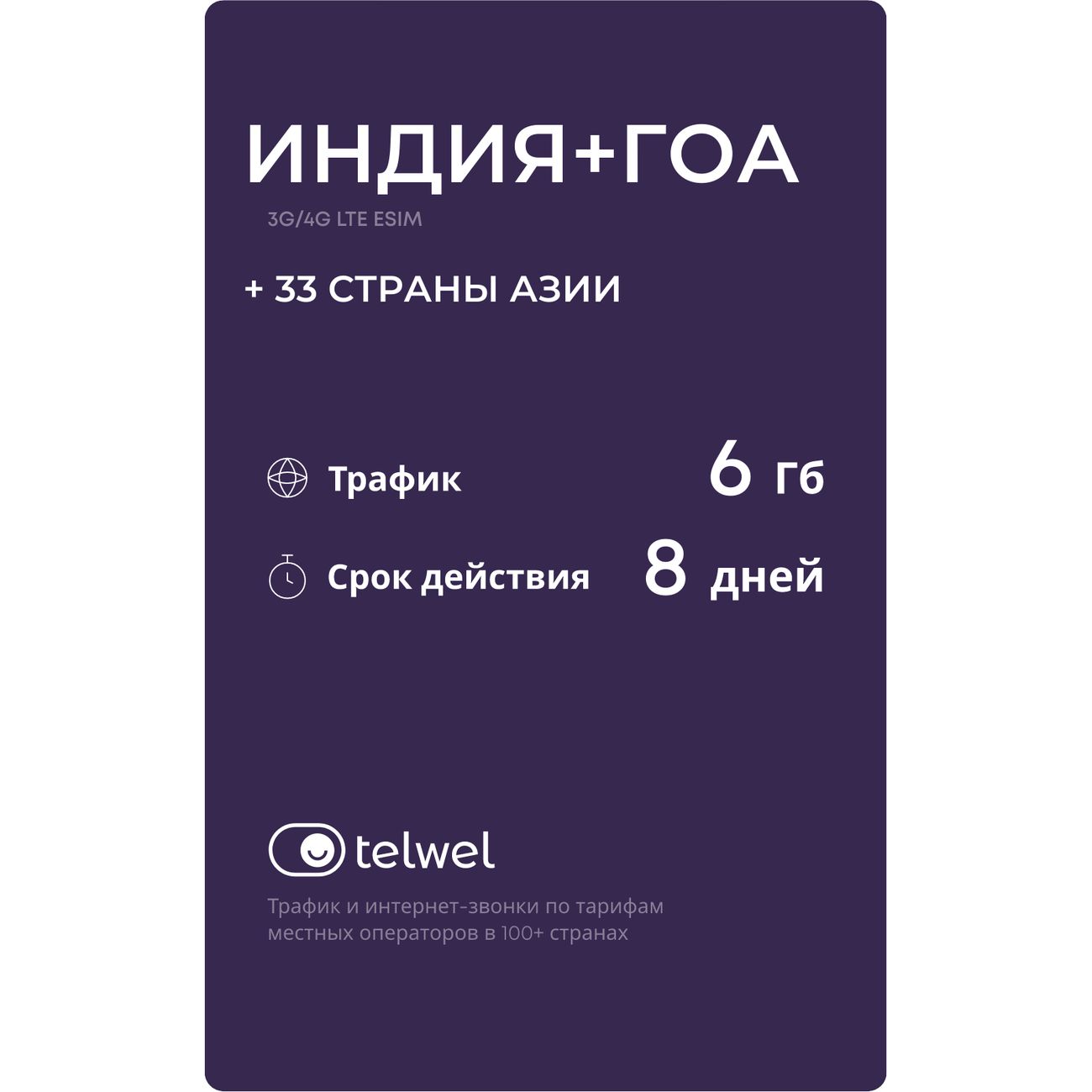 eSIM Telwel пакет Индия 6Гб 8 дней