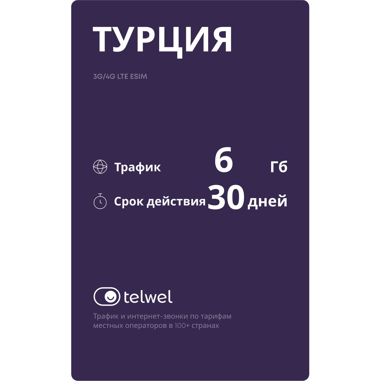 eSIM Telwel пакет Турция 6Гб 30 дней