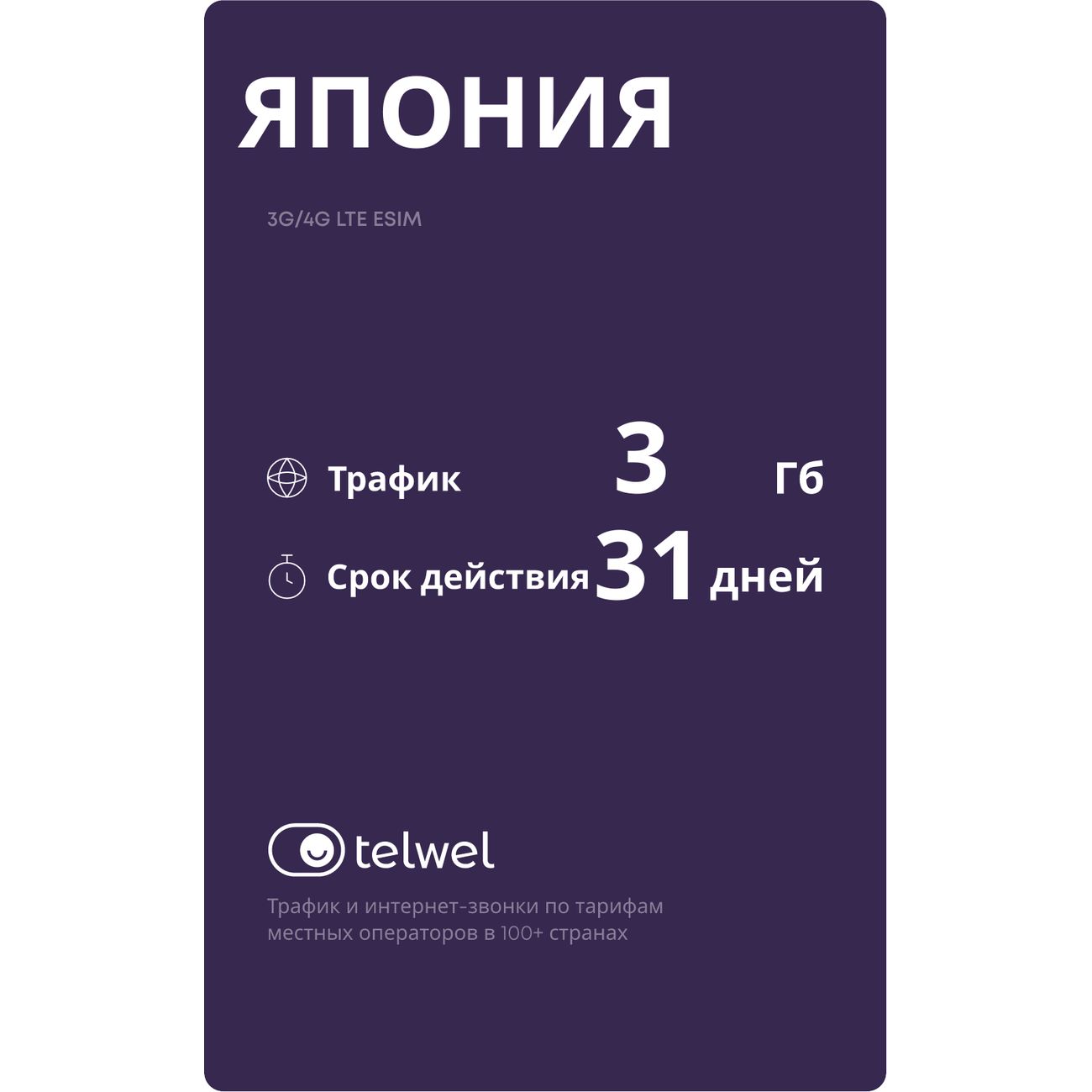 eSIM Telwel пакет Япония 3Гб 31 день