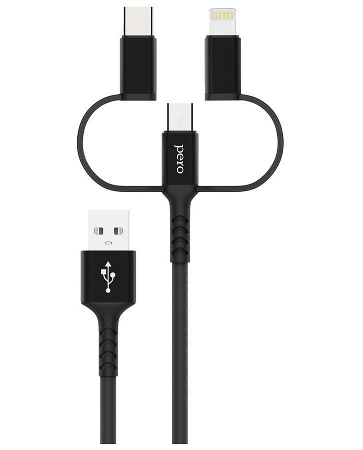 Изображение товара Кабель для смартфона, телефона Pero DC-06 Universal 3 in 1 Lightning/micro USB/Type-C 2А 2м черный Изображение товара Кабель для смартфона, телефона Pero DC-06 Universal 3 in 1 Lightning/micro USB/Type-C 2А 2м черный