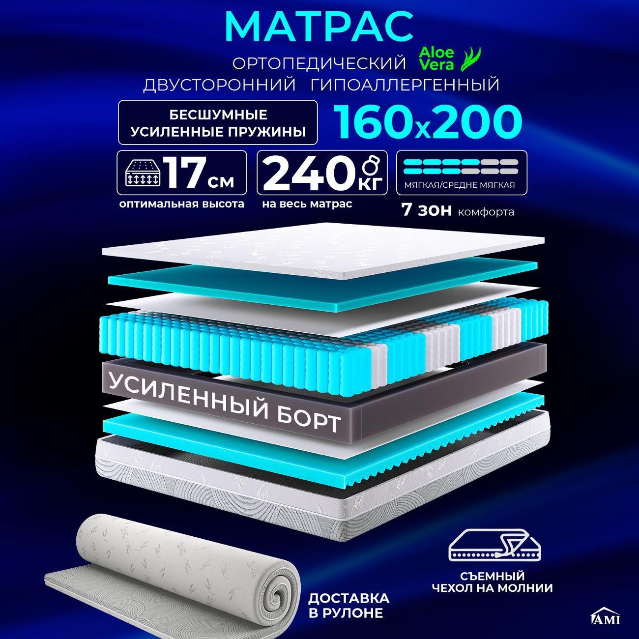 Изображение товара Матрас Ami Актив Люкс 160x200 с независимыми пружинами и эффектами зима-лето Изображение товара Матрас Ami Актив Люкс 160x200 с независимыми пружинами и эффектами зима-лето