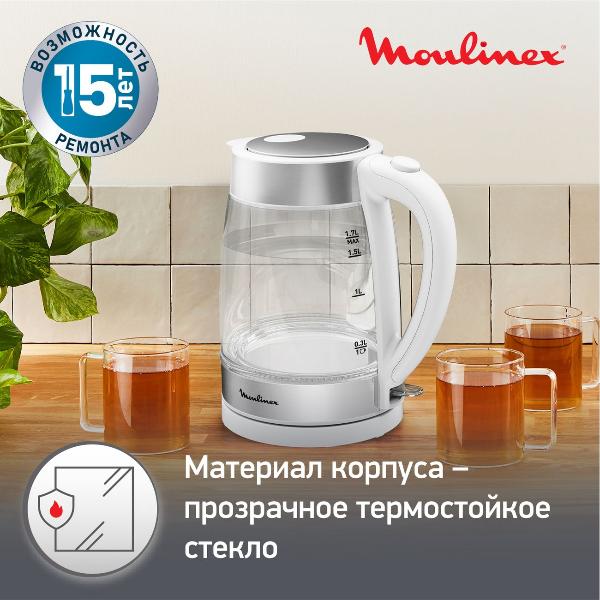 Изображение товара Электрочайник Moulinex Glass BY600130 серебристый/белый