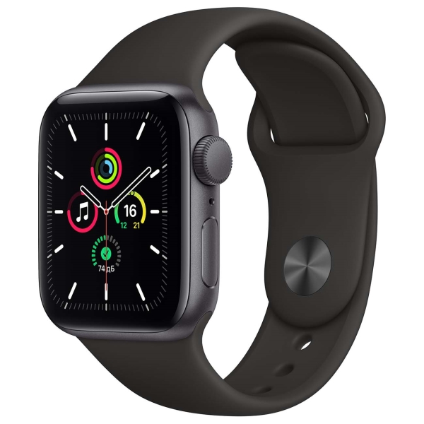 Apple Watch SE 44mm Space Gray Aluminum Case with Black Sport Band (MYDT2RU/A)