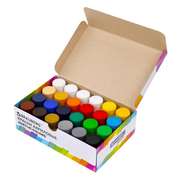 Изображение товара Краски акриловые Brauberg HOBBY 24шт 21цв по 22мл банки 192412