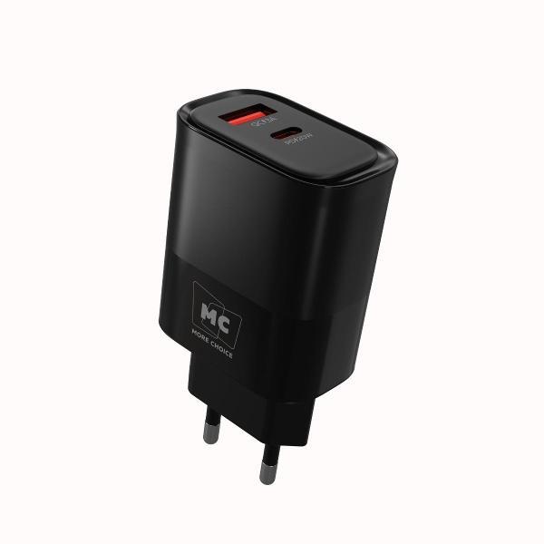 Изображение товара Сетевое зарядное устройство More Choice 1USB+1Type-C 3.0A PD 20W+ QC3.0 NC81i Black