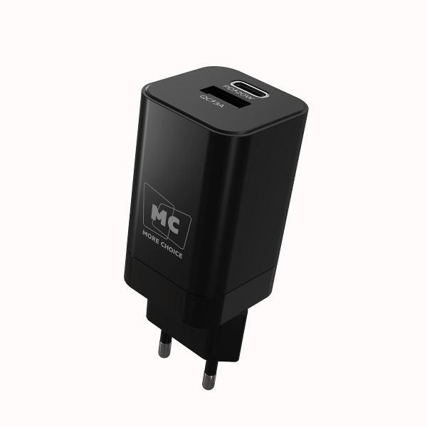 Изображение товара Сетевое зарядное устройство More Choice 1USB+1Type-C 3.0A PD 20W+QC3.0 NC85i Black