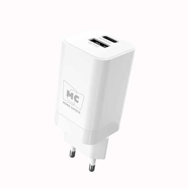 Изображение товара Сетевое зарядное устройство More Choice 1USB+1Type-C 3.0A PD 20W+QC3.0 NC85i White