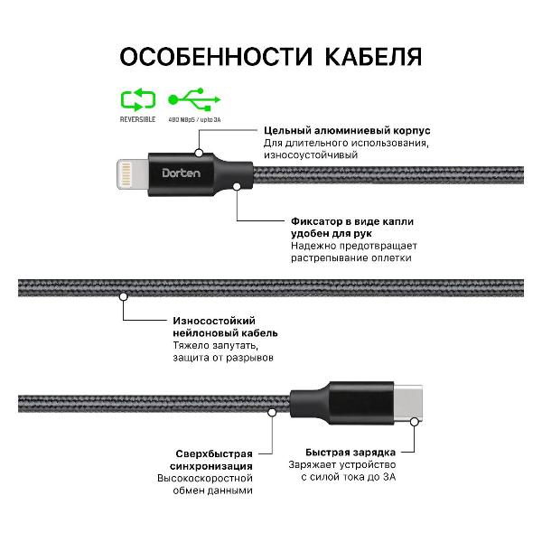 Изображение товара Кабель Dorten USB-C  to Lightning 27W/3A PD Metallic Series 2м  Black