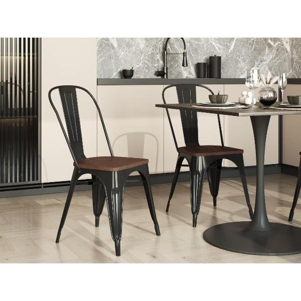 Изображение товара Стул Stool Group для кухни обеденный TOLIX WOOD черный глянцевый + темное дерево (комплект 6 стульев)