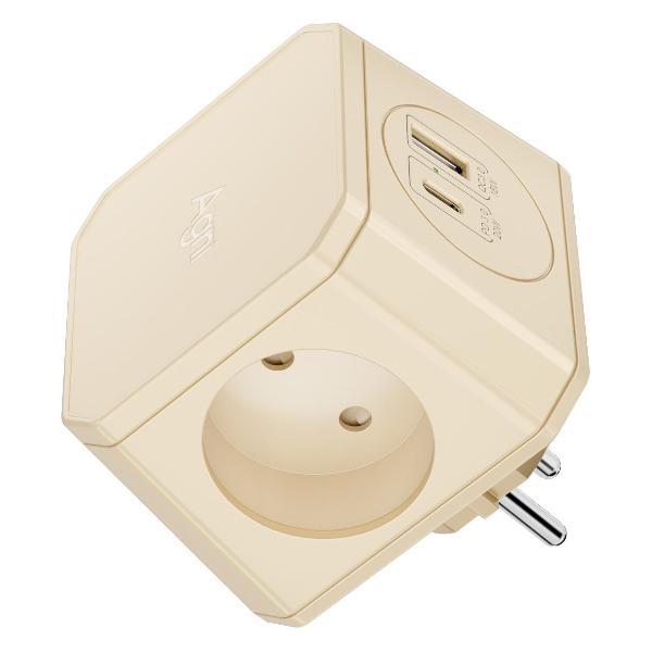 Изображение товара Тройник и переходник электрический AGNI TP-WJ2U3E, ночник, бежевый