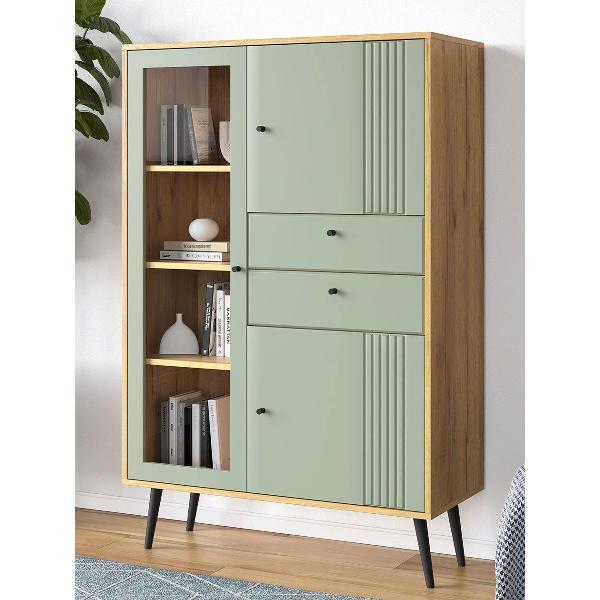 Изображение товара Шкаф Правила мебели Вега Саксония, с полками, с ящиками, с доводчиками, 93.4х40х144 см, Дуб Крафт золотой / Серо-зеленый