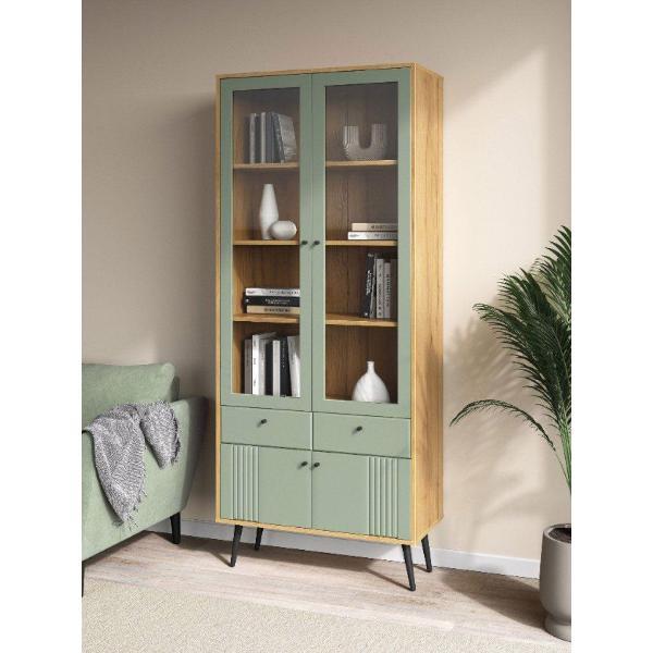 Изображение товара Шкаф Правила мебели Вега Саксония 2 двери, с полками, с ящиками, с доводчиками, 83.4х40х200 см, Дуб Крафт золотой / Серо-зеленый