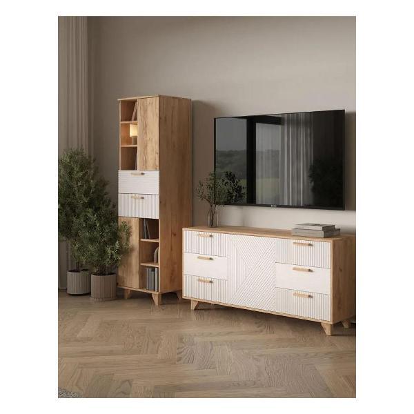 Изображение товара Стеллаж Правила мебели Ньерд, прямой, с ящиками, с дверцами, 55х41х186 см, Дуб Вотан / Белый