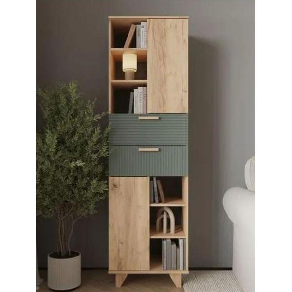 Изображение товара Стеллаж Правила мебели Ньерд, прямой, с ящиками, с дверцами, 55х41х186 см, Дуб Вотан / Можжевельник