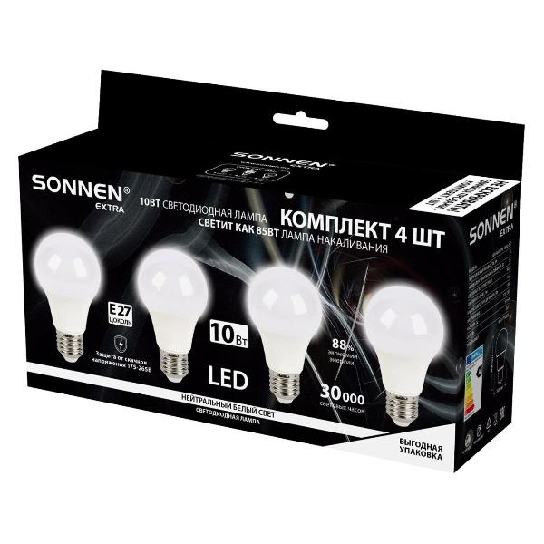 Изображение товара Лампа Sonnen EXTRA 10 (85) Вт КОМПЛЕКТ 4шт. Е27 нейтр. бел LED A60-10W-4000-Е27, 457893