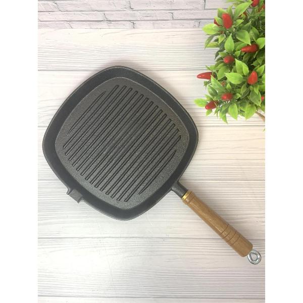 Изображение товара Сковорода гриль Мерали чугунная 25 см съемная деревянная ручка