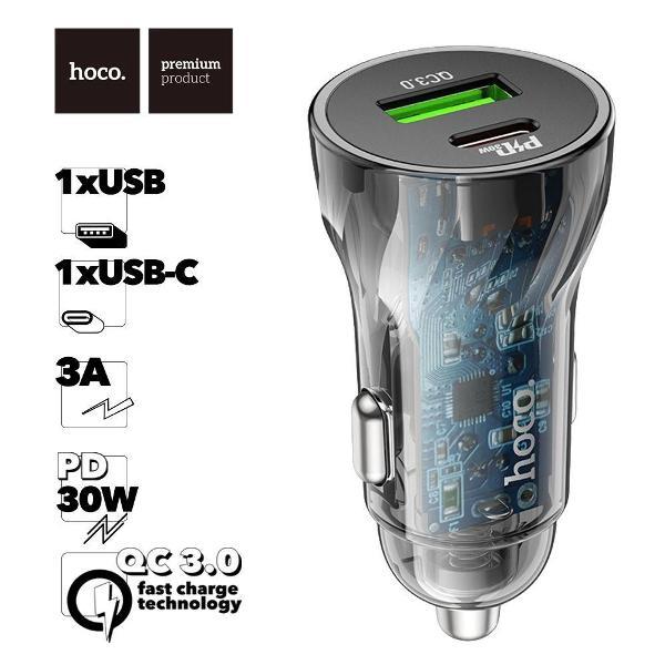 Изображение товара Автомобильное ЗУ для смартфонов Hoco Z47A Transparent 1xUSB, 1xUSB-C, 3А, PD30W, QC3.0 Изображение товара Автомобильное ЗУ для смартфонов Hoco Z47A Transparent 1xUSB, 1xUSB-C, 3А, PD30W, QC3.0