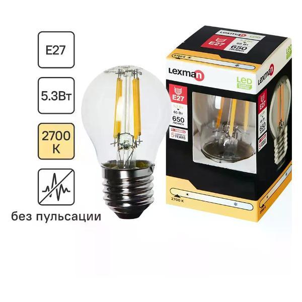 Изображение товара Умная лампочка Lexman Лампа филаментная E27 5 Вт шар 600 лм теплый белый свет