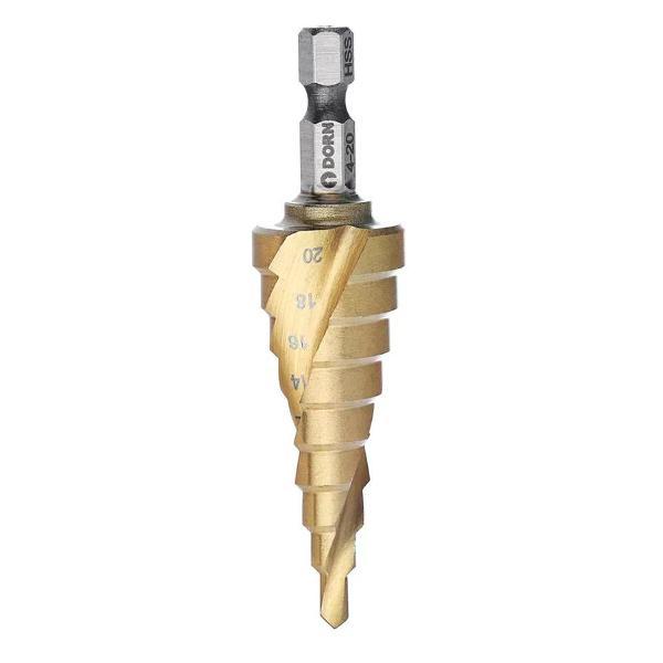 Изображение товара Сверло DORN Сверло ступенчатое 4-20 мм HSS-TiN хвостовик Hex 1/4