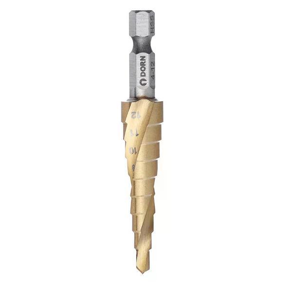 Изображение товара Сверло DORN Сверло ступенчатое 4-12 мм HSS-TiN хвостовик Hex 1/4