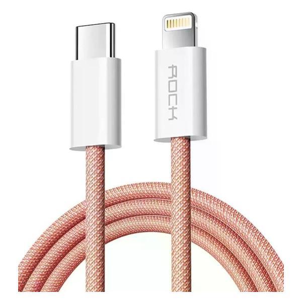 Изображение товара Кабель для смартфона, телефона Rock USB-C to Lightning, в нейлоновой оплётке, с быстрой передачей данных, 3A, 100 см. розовый