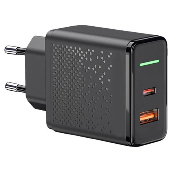 Сетевое зарядное устройство USB Krutoff CH-08 USB-C+USB-A,PD3.0,QC3.0,18W black (03733)