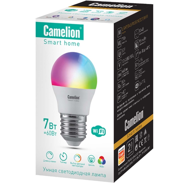 Изображение товара Умная лампочка Camelion LSH7/G45/RGBСW/Е27/WIFI