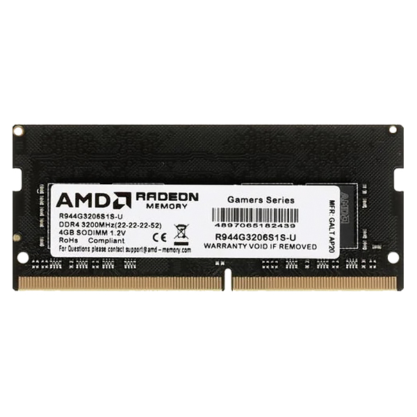 Оперативная память AMD Radeon R9 Gamers Series Black R944G3206S1S-U DDR4 4GB 3200МГц SO-DIMM Radeon R9 Gamers Series Black R944G3206S1S-U DDR4 4GB 3200МГц SO-DIMM