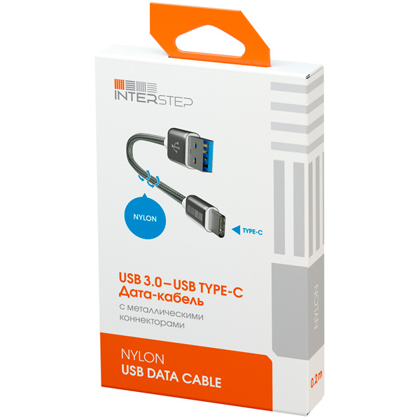 фото Кабель usb type-c interstep typec-usb3.0 0,2м нейлон black