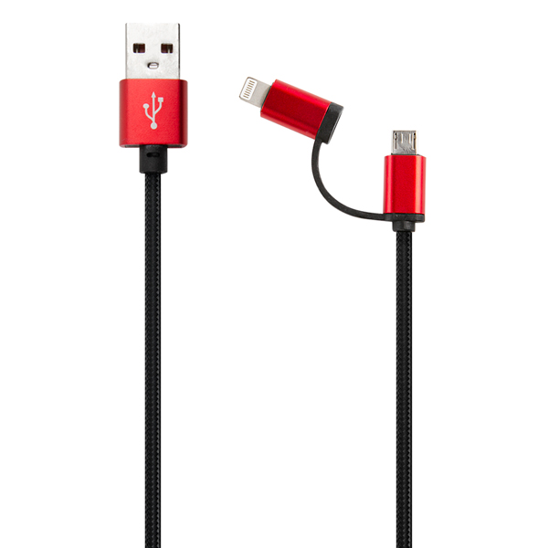 фото Кабель для смартфона red line lx01 2 в 1, usb - microusb+8-pin, нейлон, черный