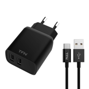 Изображение товара Сетевое зарядное устройство с кабелем TFN Rapid+ 2xUSB 2.4A + кабель USB-C Black