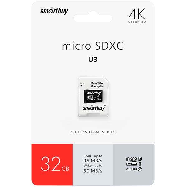 Smartbuy 32GB Class10 PRO U3 SD-адапт.(SB32GBSDCL10U3L-01)