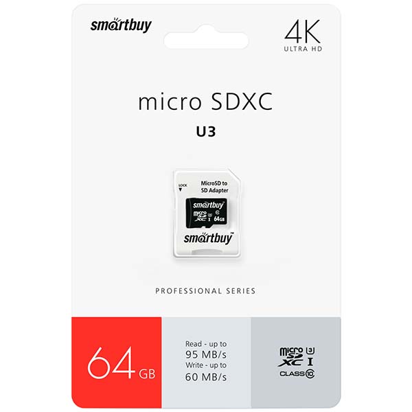 Smartbuy 64GB Class10 PRO U3 SD-адапт.(SB64GBSDCL10U3L-01)