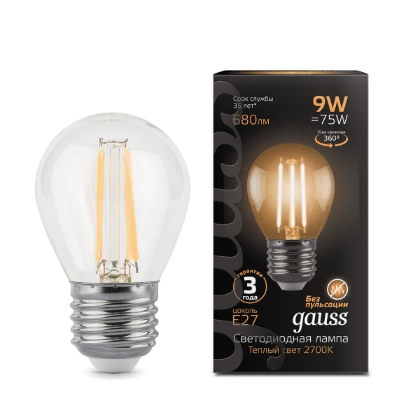 Изображение товара Лампа LED Gauss Filament Шар 9W 680lm 2700К Е27(10шт)