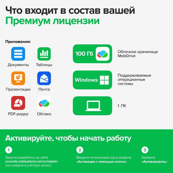 Изображение товара Офисное приложение MobiOffice Премиум Windows, 3 года, 1 ПК, 100 Гб