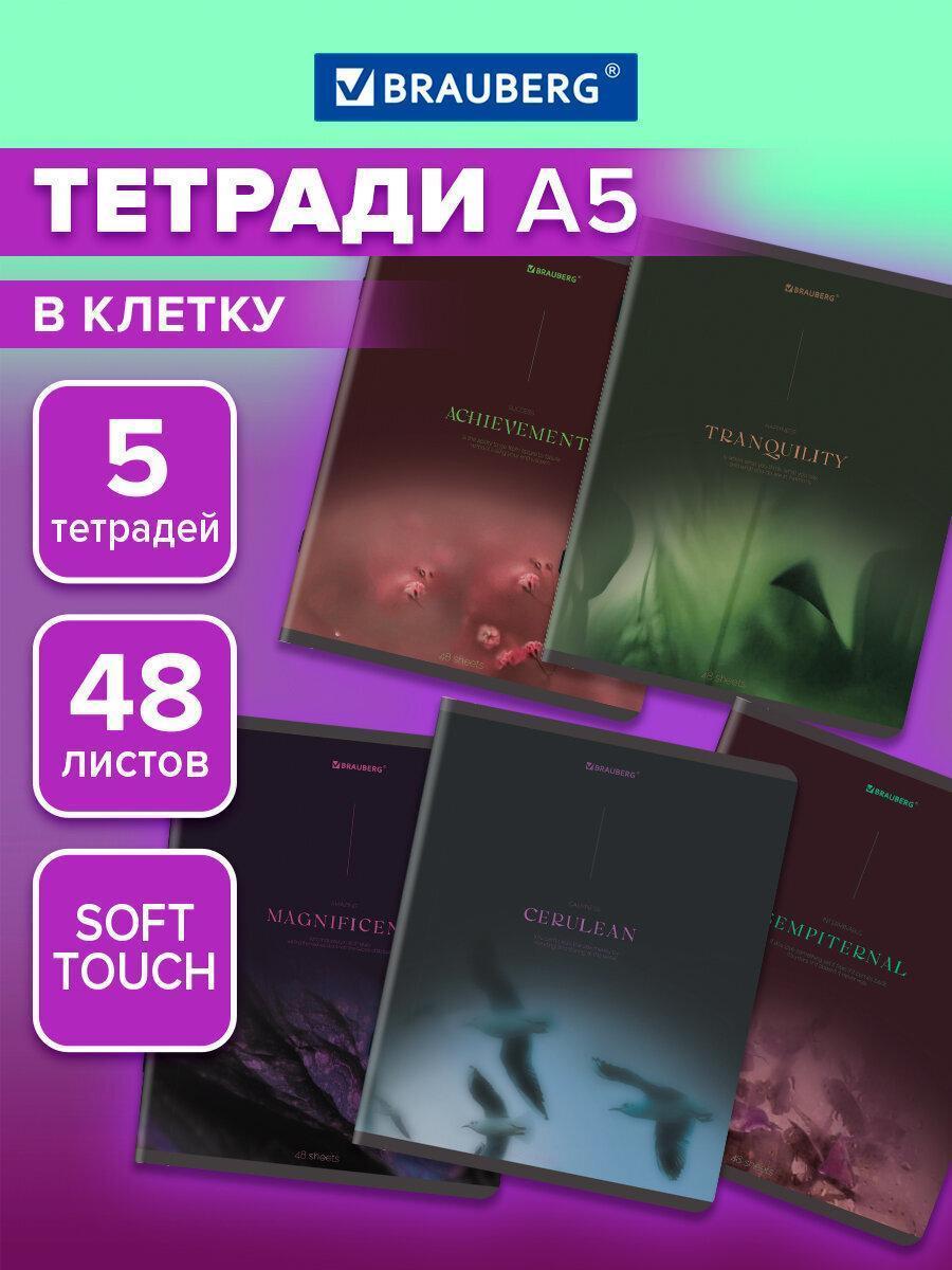 Изображение товара Тетради ДЭК А5 48л. КОМПЛЕКТ 5 шт. BRAUBERG скоба, клетка, SoftTouch, Peaceful, 404926