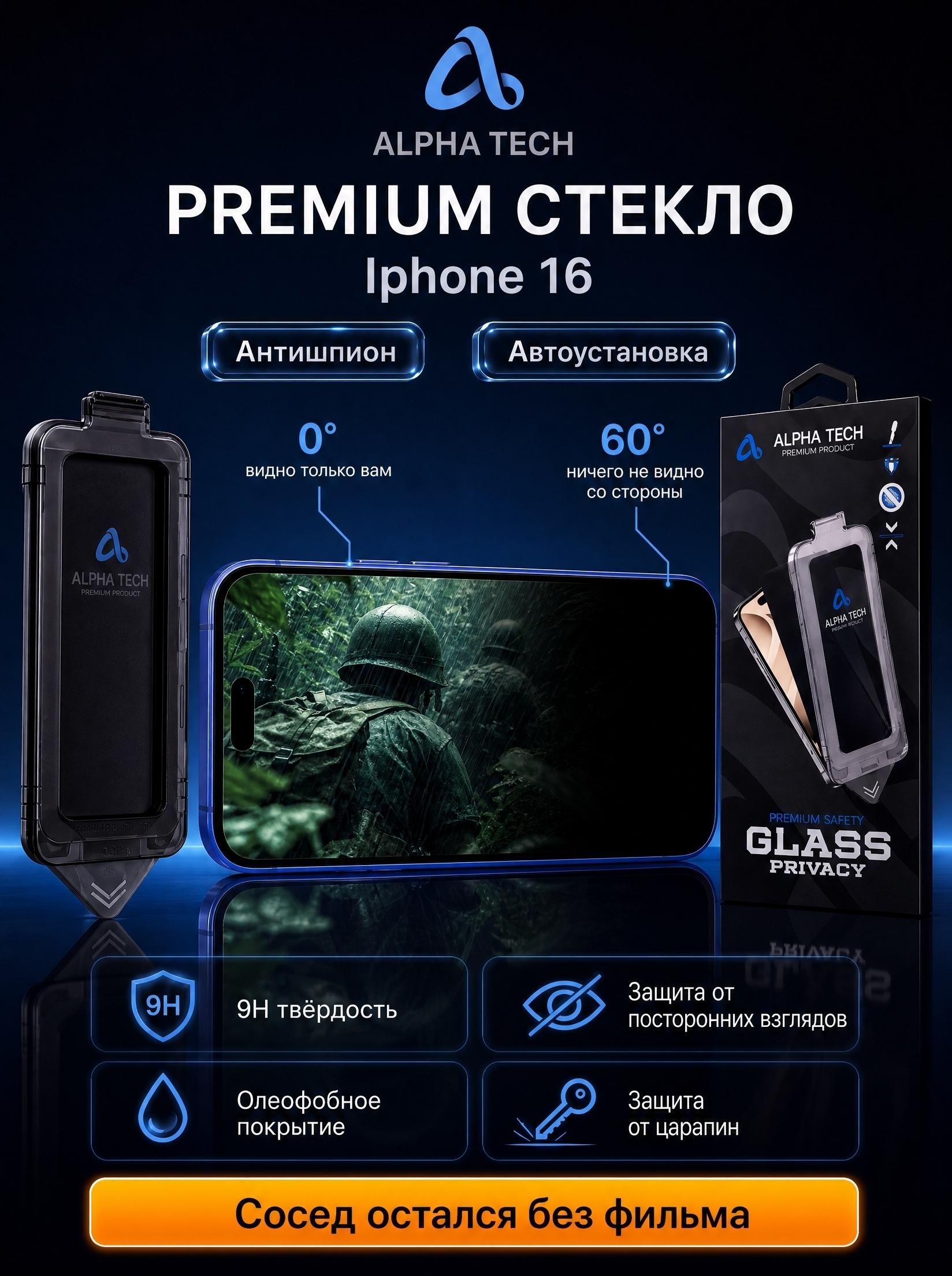 Защитное стекло для смартфона, телефона Alpha Skin Защитное стекло Антишпион на Apple iPhone 16