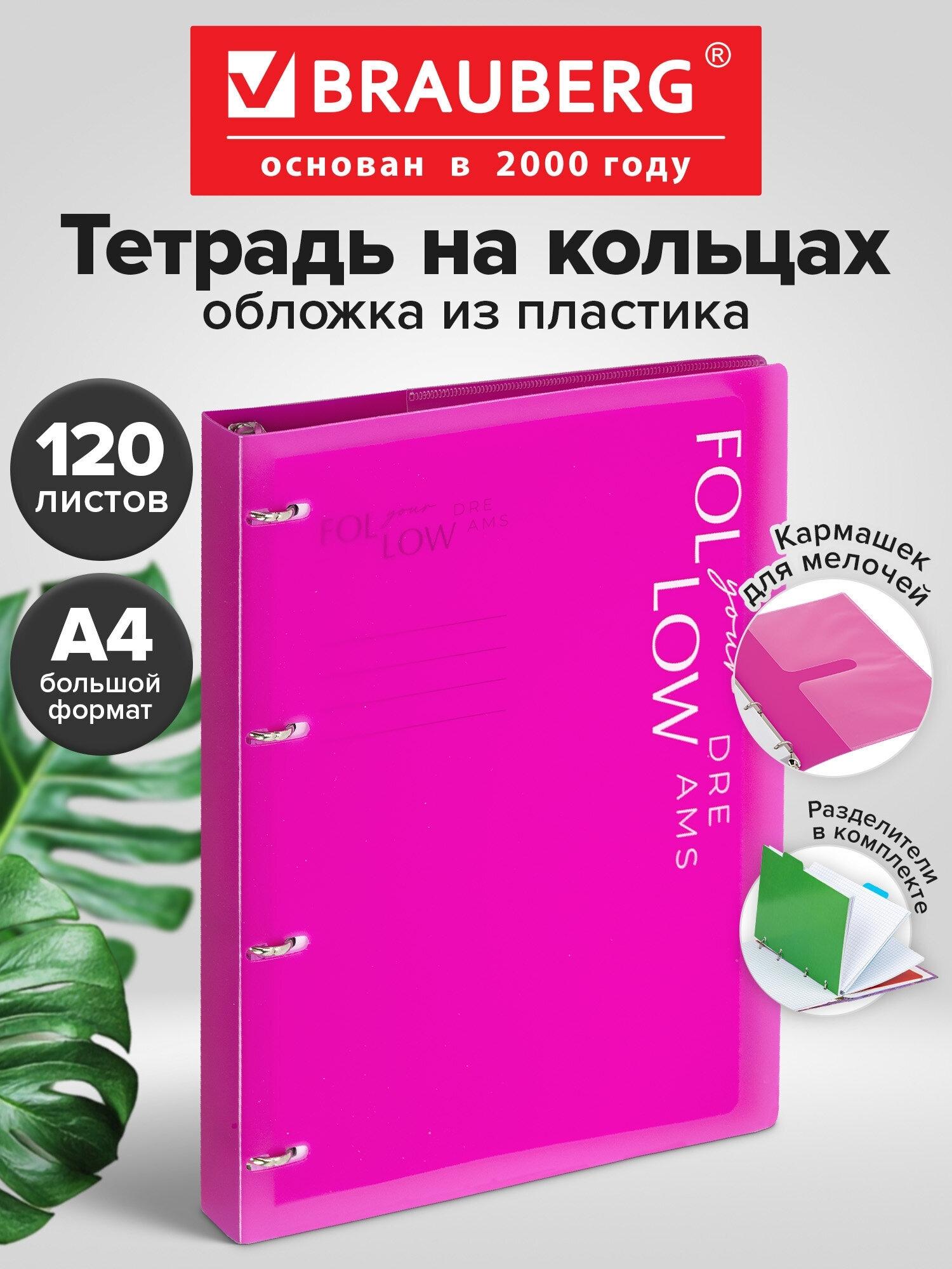 Изображение товара Тетрадь на кольцах БОЛЬШАЯ А4 305х235мм, 120л, пластик, разделители, BRAUBERG MOVE, розовый, 405257