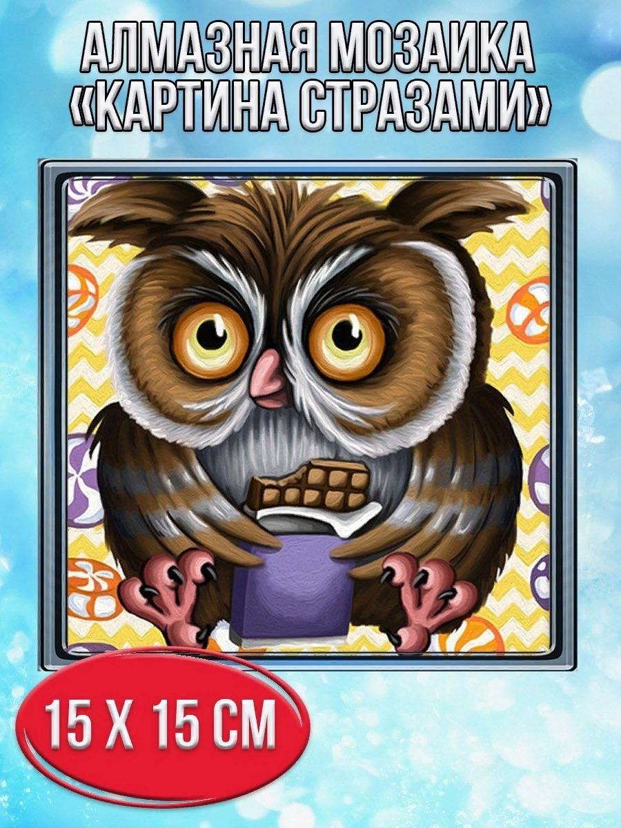 Изображение товара Алмазная мозаика картина стразами Филин с шоколадкой/Размер холста 20х20 см/Размер картинки 15х15см